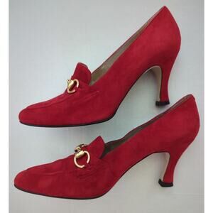 Lord & Taylor Red Velvet Leather 3" heels Gold Buckle Accents Women's Size 7.5
